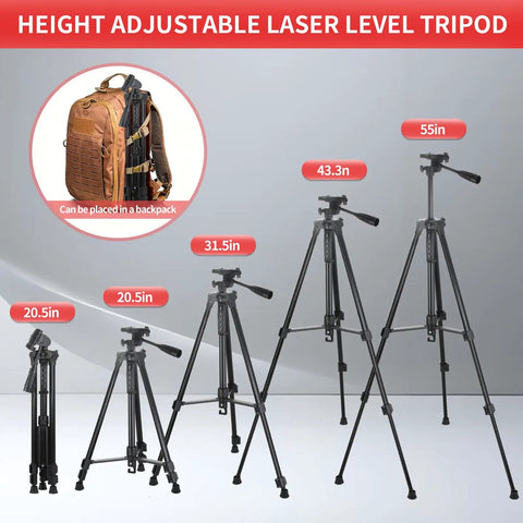 Adjustable Laser Level Tripod For Line And Point Lasers With One Quarter Twenty Mount, Extends 20.5 To 55 Inches, Collapsible Legs And Non Slip Feet, Stable Swivel Base, Carrying Pouch, For Precise Measurements On Any Job Site., aluminum laser tripod folded and extended to 55 in