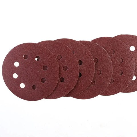 Super Tough 5 Inch Hook And Loop Sanding Discs With Eight Holes For Dustless Vibes, red alumina grinding discs, for surface preparation.