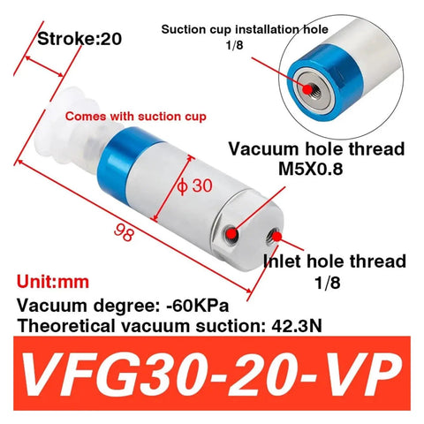Premium Pneumatic Cylinder Gripper For Mechanical Arms With Vacuum Generator And Suction Cup displayed with dimensions and threads.