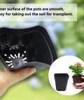 Hand holding Square Seed Starter Pots 3 Inch 120 Pack Black Plastic Nursery Pots With Drainage, showcasing smooth interior with plant.