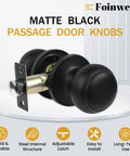Black Passage Door Knobs Set For Hallway And Closet, Keyless Interior Door Knobs, Round Style Non Locking, Adjustable Latch Fits Most Doors, 4 Pack And Easy Install displayed on white table