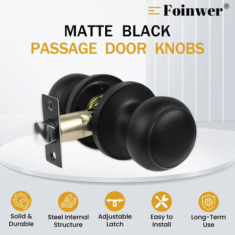 Black Passage Door Knobs Set For Hallway And Closet, Keyless Interior Door Knobs, Round Style Non Locking, Adjustable Latch Fits Most Doors, 4 Pack And Easy Install displayed on white table