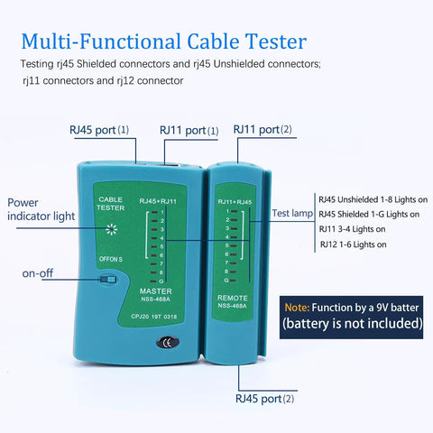 RJ45 Crimp Tool Kit For Cat6 Cat5e Cat5 Ethernet With Pass Through Connectors, Wire Stripper, Replacement Blade, Covers, And Network Cable Tester including 50 RJ45 Pass Through Connectors