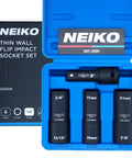 Neiko 4-piece thin wall flip impact socket set with sizes 3/4, 13/16, 19, 21 mm in blue case for 1/2-inch drive tools.