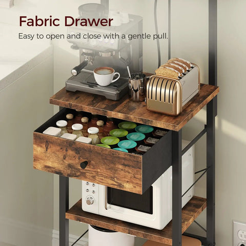 Rustic Brown And Black Bakers Rack With Drawer Microwave Stand Power Outlet And USB Ports Coffee Bar Station close-up.