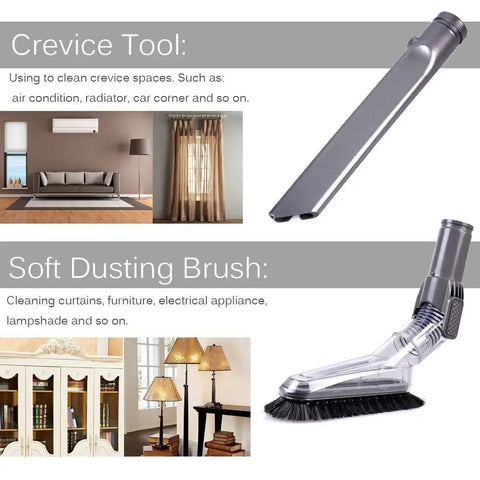 Gotta Have 7 Pack Vacuum Attachments Replacement Kit For Dyson Vacuum Cleaners V6 DC44 DC33 DC35 DC39 DC58 DC59 DC62 DC61, shown are crevice tool and soft dusting brush.