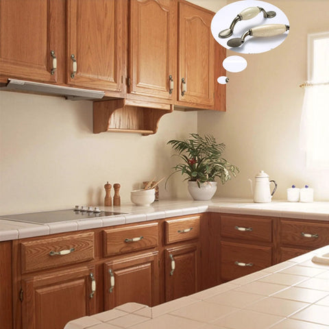 Kitchen with wooden cabinets featuring Eight Piece Ceramic Drawer Handles Set In Chinese Style With Vintage Antique Design