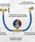 Image of R134A Refrigerant Charge Hose Kit With Gauge For Car AC, showing brass can tap valve, pressure gauge, and quick coupler.