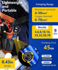 Portable hydraulic crimping tool showing range, molds, and force specifications with 9 die set in a tool belt.