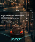 2.5K Dash Cam With 3 Inch IPS Display showing WDR night vision highlighting 170-degree view on city street at night