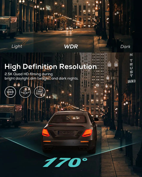 2.5K Dash Cam With 3 Inch IPS Display showing WDR night vision highlighting 170-degree view on city street at night
