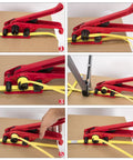 Image sequence showing All‑In‑One Pallet Strapping Kit With Poly Strapping Bundle Tool And Sealer in use, securing cardboard.