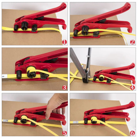 Image sequence showing All‑In‑One Pallet Strapping Kit With Poly Strapping Bundle Tool And Sealer in use, securing cardboard.