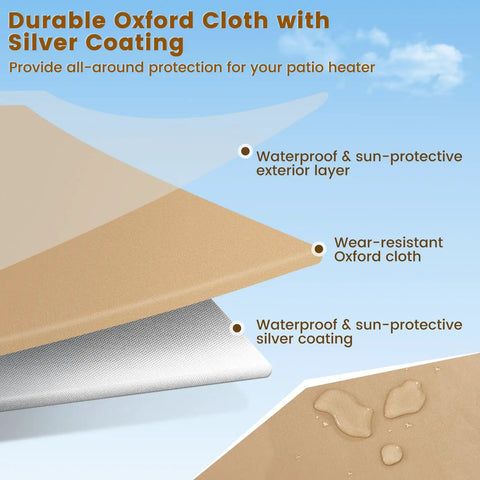 Close-up of Patio Heater Cover material layers, showing waterproof Oxford cloth with silver coating for outdoor protection.