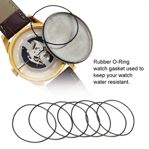 Pro Grade 200 Pcs Watch Gasket Kit 0.6mm Rubber O Rings Set shown with open watch back cover.