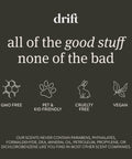 Drift car air freshener branding on dark background with GMO free, pet & kid friendly, cruelty free, vegan icons
