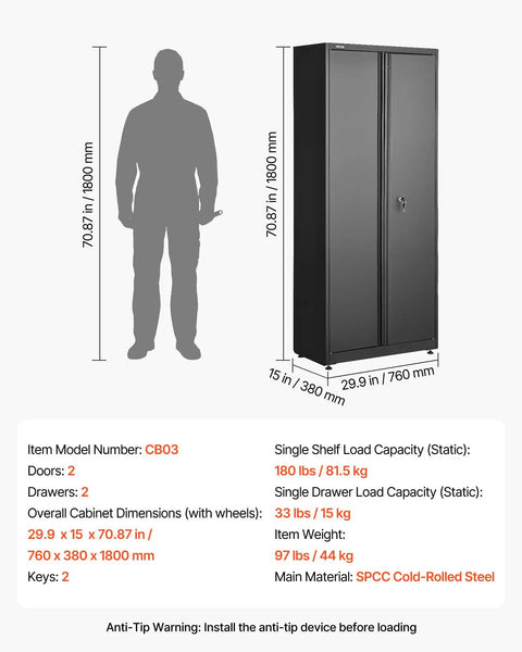 Heavy Duty Metal Storage Cabinet Built Tough With 180 Lb Shelf Load, 70.87 Inch Tall, dual locking doors, and adjustable shelves
