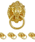 Lion Head Cabinet Pull Handle Set Five Piece For Dresser Wardrobe Kitchen Cupboard Ring Drawer Pulls With Screws Gold Finish Classic