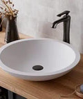 Quattro QM162 Matte White Round Bathroom Vessel Sink 19.25 Inch Diameter Above Counter Vessel Basin on wooden countertop
