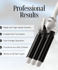 Close-up of Three Barrel Curling Iron Wand With LCD Temperature Display, 1 Inch Ceramic Tourmaline Triple Barrels, Black and White