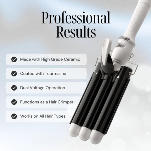 Close-up of Three Barrel Curling Iron Wand With LCD Temperature Display, 1 Inch Ceramic Tourmaline Triple Barrels, Black and White