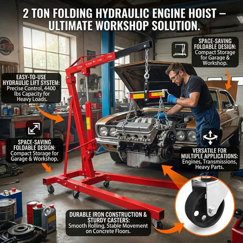 Heavy Duty Folding Hydraulic Engine Hoist With 4400 Lbs Capacity Cherry Picker Crane in workshop lifting an engine.