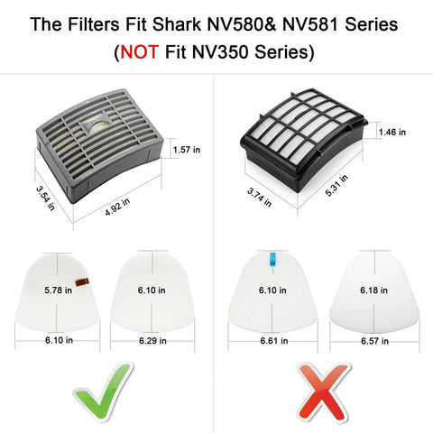 Vacuum Filter Replacement Kit For Shark Powered Lift Away DLX NV580 Series NV581 NV581Q NV585 NV586 size chart with check marks
