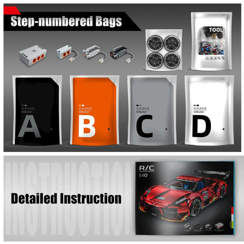 Remote Control Hypercar Building Kit With Five Fast Motors, 1835-Piece Set packaging and instruction manual.