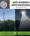 Total Game Changer Dusk To Dawn Led Parking Lot Light in daylight and night modes, showcasing photocell sensor function.