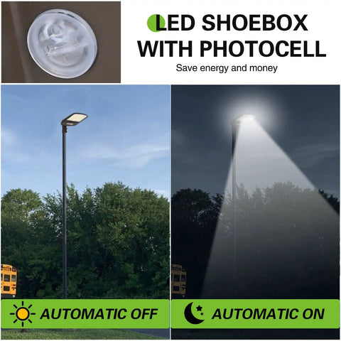 Total Game Changer Dusk To Dawn Led Parking Lot Light in daylight and night modes, showcasing photocell sensor function.