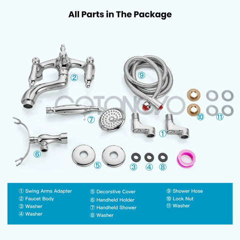 Wall Mount Clawfoot Tub Faucet With Handheld Shower Sprayer, Double Function Diverter, Hot And Cold Water Mixer parts layout