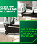 Wide Crown Pneumatic Stapler For Fast Framing And Lathing Projects Lightweight 16 Gauge Nailer on wooden surface