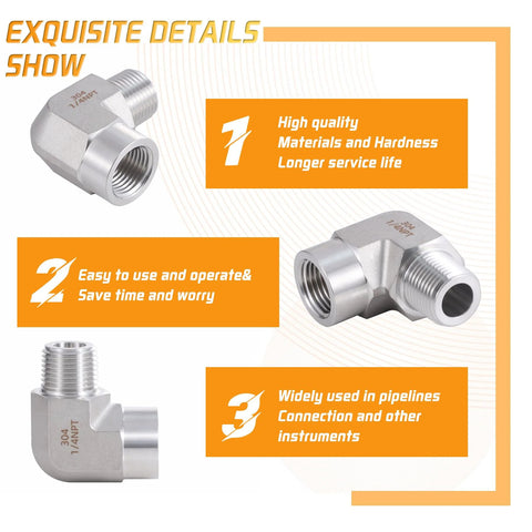 Stainless steel 90-degree pipe elbow, 1/4" NPT male x 1/4" NPT female, 2-pack.
