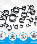 130-Piece Spring Band Hose Clamp Kit With Pliers, showing clamps in various sizes highlighting benefits in icons below.