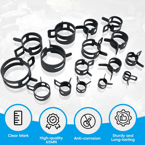 130-Piece Spring Band Hose Clamp Kit With Pliers, showing clamps in various sizes highlighting benefits in icons below.