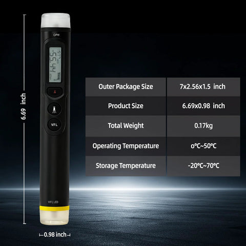 Front view of TFN 3-in-1 fiber optic tester with LCD display, black handheld device with a yellow base ring