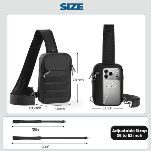 Black Anti Theft Crossbody Sling Bag With Lockable Zipper And RFID Blocking Pocket, Size Display, 36 to 52 Inch Adjustable Strap