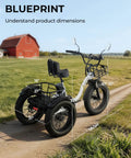 Beast Mode 750W Peak Fat Tire Electric Tricycle For Adults With Folding 20X4 Fat Tires, 48V 13Ah Battery, 50 Mile Range In PAS, UL Certified, Front And Rear Baskets, Differential, Ultra White shown with blueprint dimensions on a rural path
