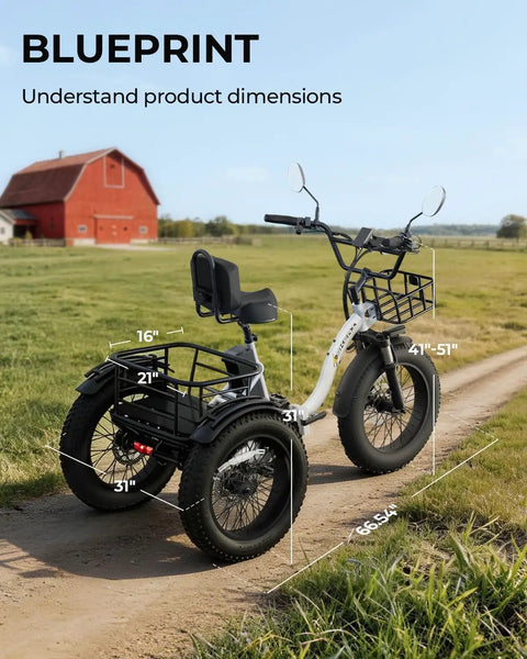 Beast Mode 750W Peak Fat Tire Electric Tricycle For Adults With Folding 20X4 Fat Tires, 48V 13Ah Battery, 50 Mile Range In PAS, UL Certified, Front And Rear Baskets, Differential, Ultra White shown with blueprint dimensions on a rural path