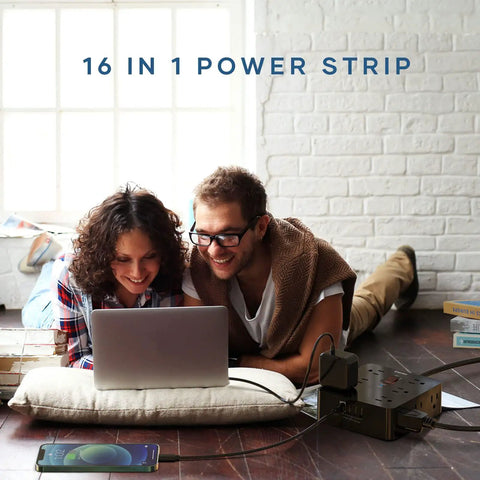 Couple using laptop connected to Go-To Universal Travel Power Adapter With 12 Wide-Spaced Outlets On Three Sides, 2 USB C And 2 USB A Ports, Surge Protector