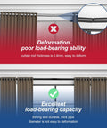 Comparison of curtain rods showing deformation at 0.4mm thickness versus durable Black Curtain Rod Set With Brackets For Windows 32 To 90 Inches Five Eighth Inch Diameter Telescoping Rod With Adjustable Extension Zero To Twelve Inches Easy Install Brackets Included Durable Finish