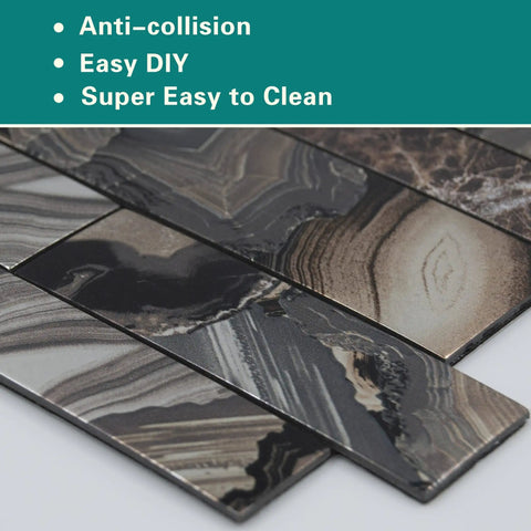Close-up of Peel And Stick Backsplash Tiles For Kitchen And Bathroom, 10 Piece PVC Self Adhesive Wall Tile Set, dark colorful design.