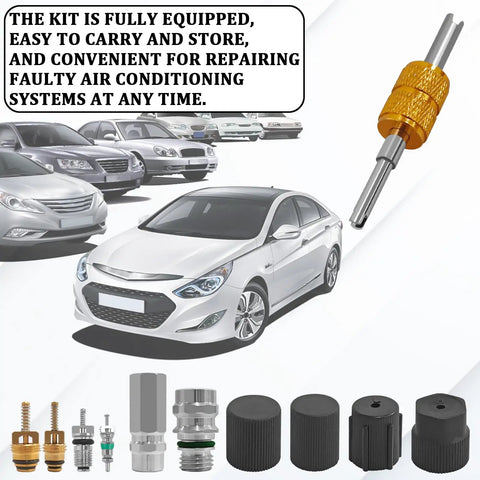 Seventeen Piece Air Conditioning Valve Core Kit For R12 And R134a HVAC Systems With Valve Core Removal Tool Teflon Seal Covers