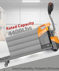 ApolloLift Electric Pallet Jack 4400 Lb Capacity Forklift Truck with 48x27 Inch Forks displayed in warehouse setting.