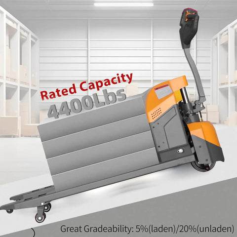 ApolloLift Electric Pallet Jack 4400 Lb Capacity Forklift Truck with 48x27 Inch Forks displayed in warehouse setting.