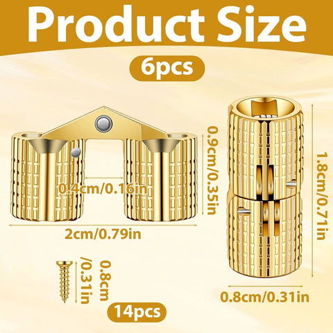 Diagram of Hidden Brass Barrel Hinges For Wooden Boxes, 180 Degree Opening, showing dimensions and included screws.