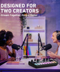 Two creators using Two Microphones Podcast Kit With Soundboard For Beginners Plug And Play Setup For Iphone Laptop And PC