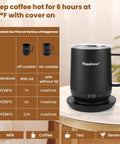 Self Heating Coffee Mug With Temperature Control Smart Cup 12 Oz Travel Warmer on charging pad displaying temperature settings.