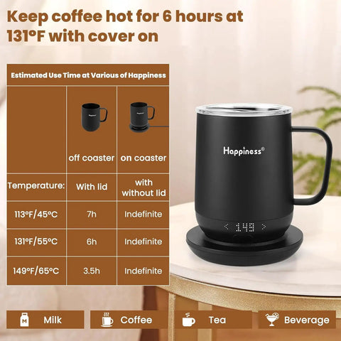 Self Heating Coffee Mug With Temperature Control Smart Cup 12 Oz Travel Warmer on charging pad displaying temperature settings.