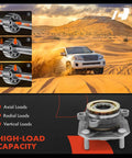 High-load capacity front wheel bearing and hub assembly details with SUV in desert. Front Wheel Bearing And Hub Assembly For 2007 2012 Nissan Sentra With Four Lug And Four Wheel ABS Beefed Up Durability For A Smooth Quiet Ride And Reliable Daily Driver